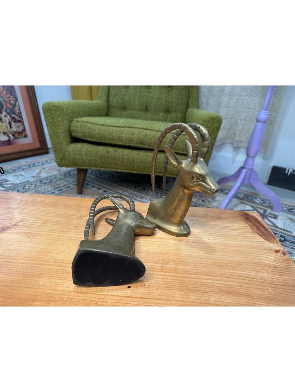Pair of heavy Vintage gazelle antelope deer antler brass bookends - Picture 4 of 6